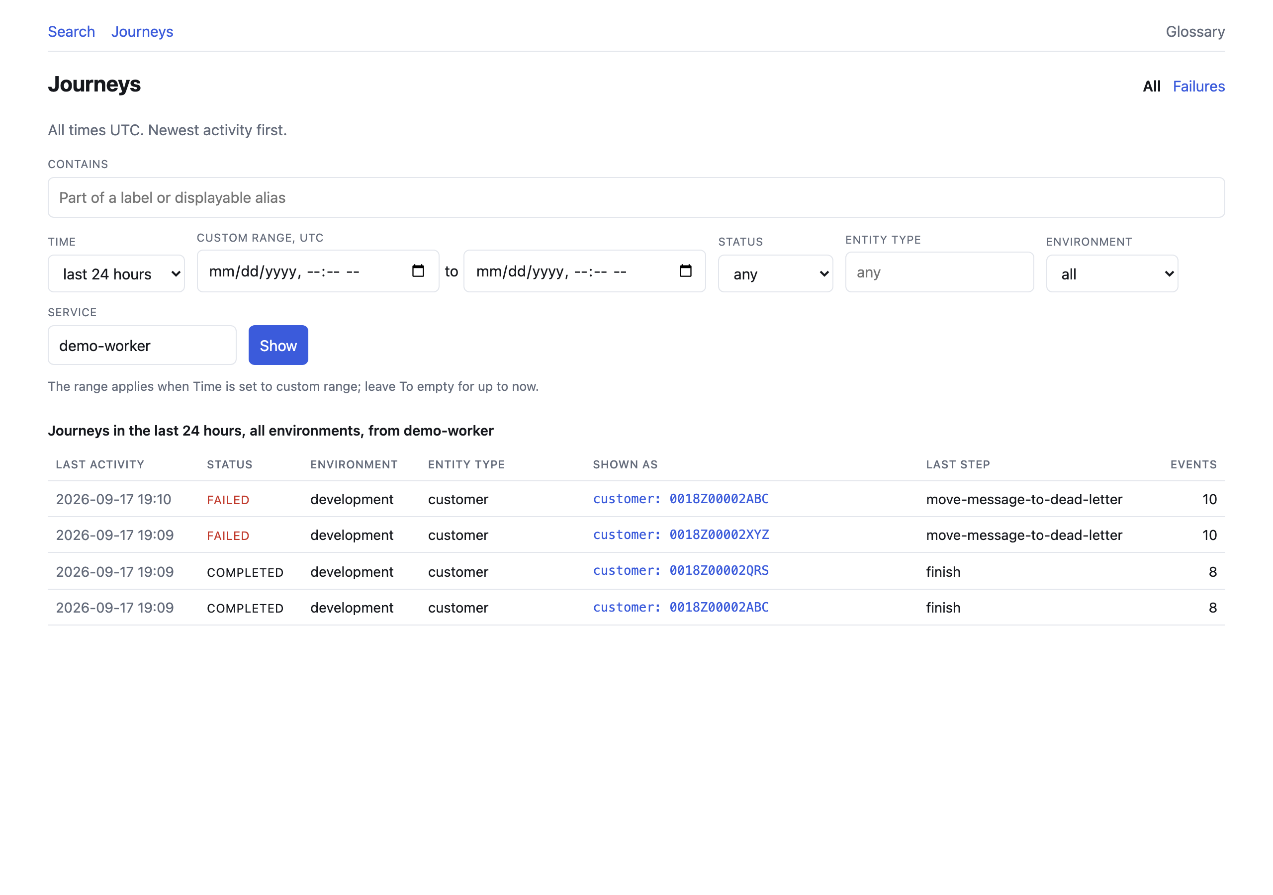 The Journeys page: a filter bar above a table of journeys with their last
activity, status, entity type, what each is shown as, last step and event
count